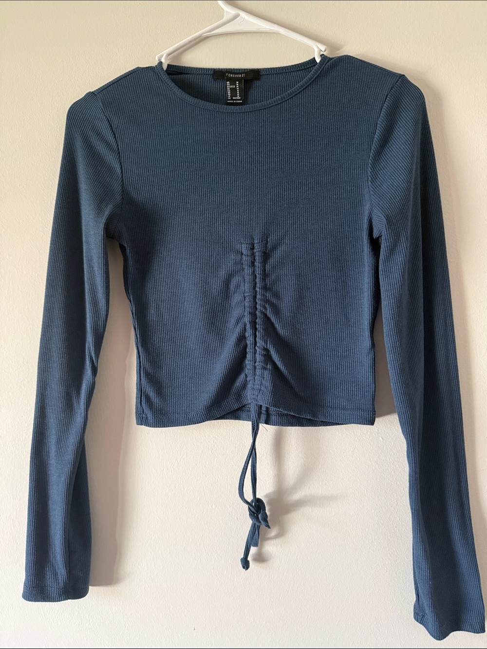 Forever 21 Slate Blue Long-Sleeve Ruched Drawstring Crop Top